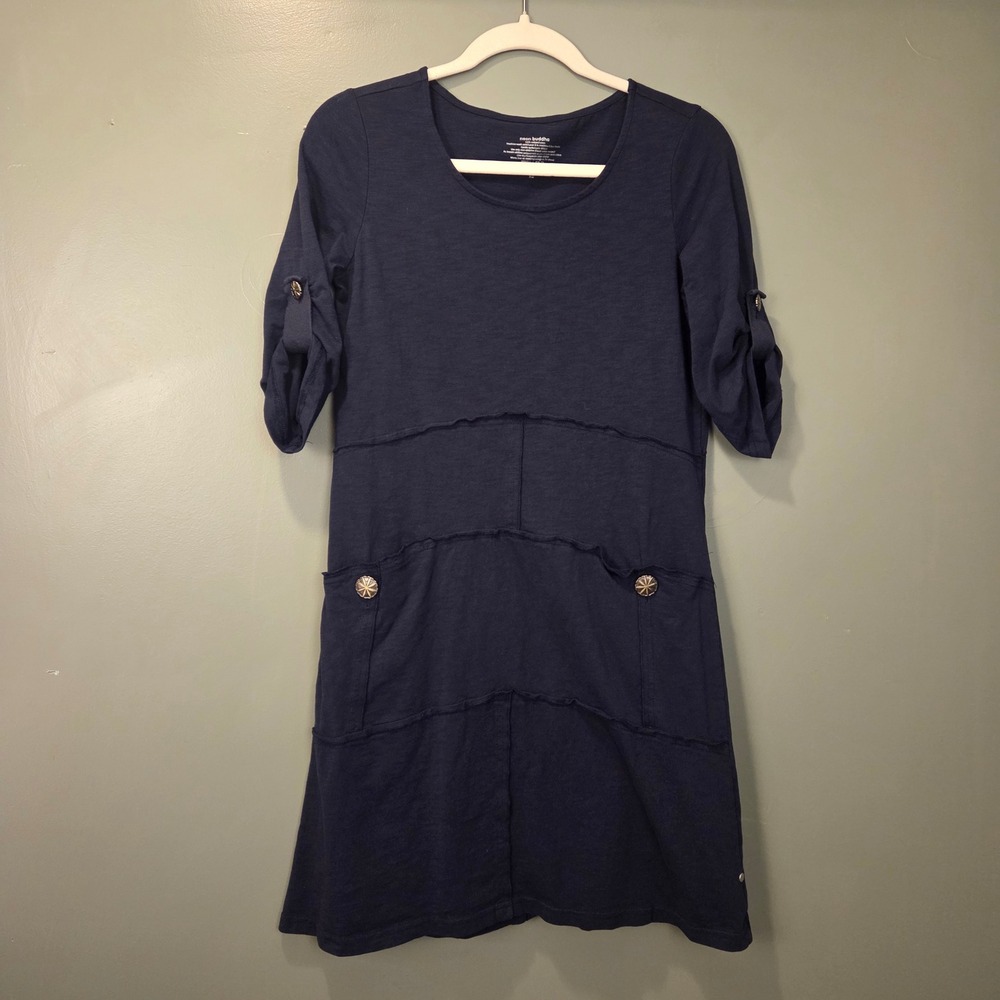 neon buddha Women's XS 3/4 Sleeve Shirt Dress Navy Blue Pocket 100% Cotton
